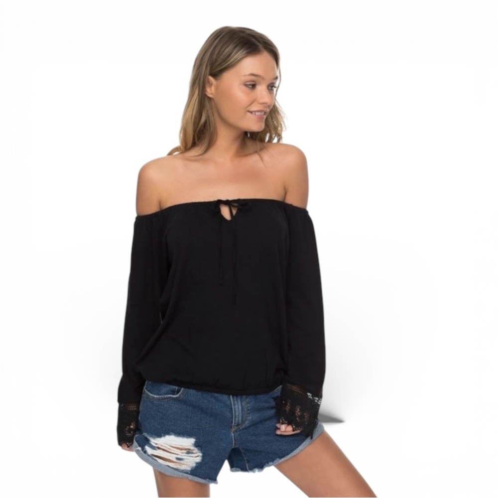 Roxy Long Retro Revival Off the Shoulder Top Size Large Black Boho Lace Sleeve